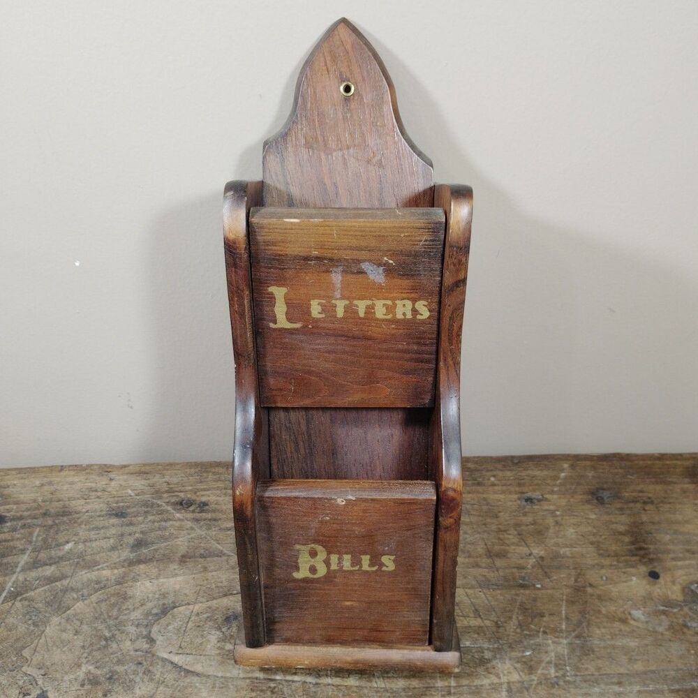 Vintage MCM 2 Tier Wood Wall Mount Stand Letters Bills  Holder Organizer Folk